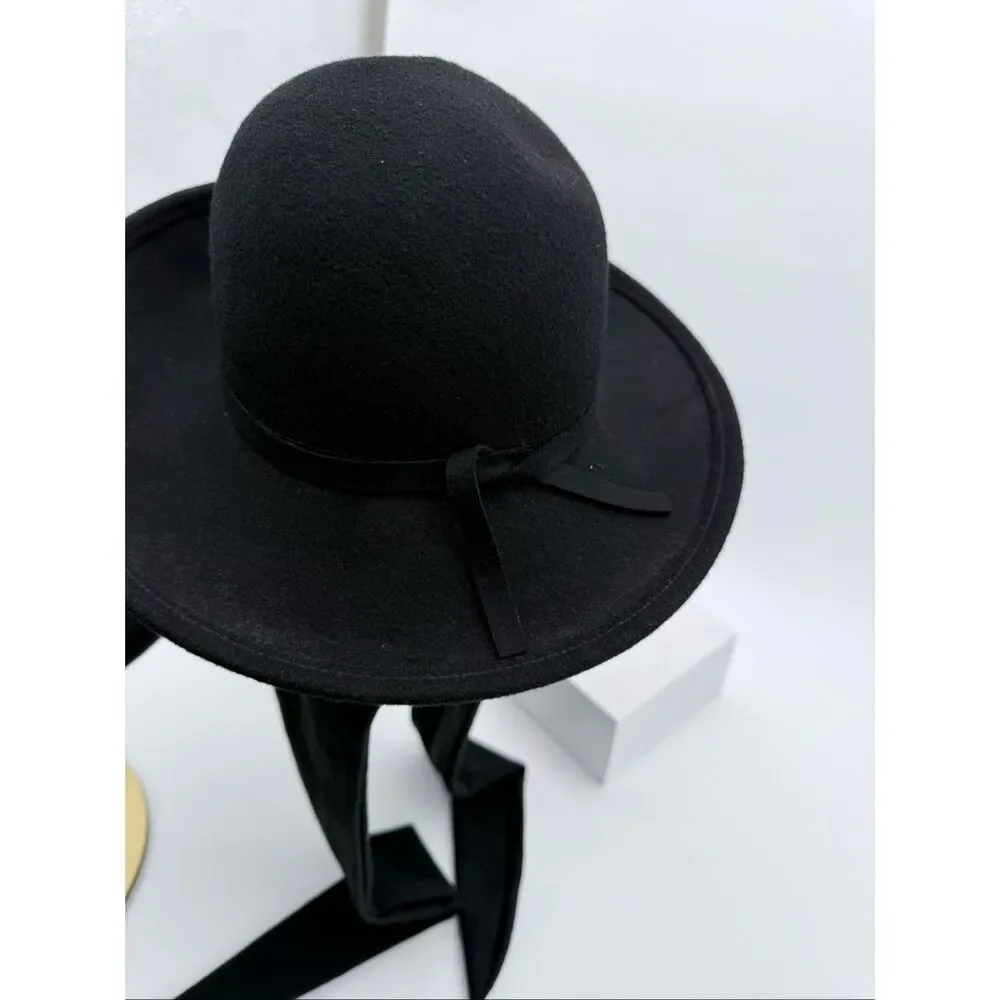 Vintage Black Wool Cloche Hat w/ Back Ribbon Ties | 1990s Y2K Women’s Felt Hat - Picture 5 of 11